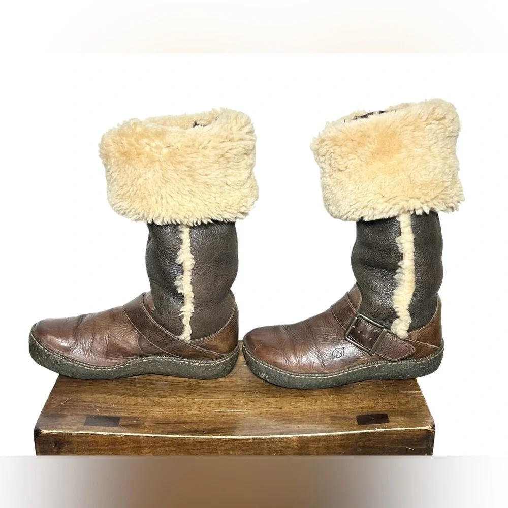Vintage Born Western Leather Shearling Knee High Boots in Brown & Cream, Size 7